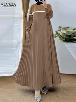 ZANZEA Autumn Fashion Women Long Lantern Sleeve Pleated Sundress Muslim Abaya Hijab Dresses Islamic Maxi Robe Kaftan Eid Mubarek
