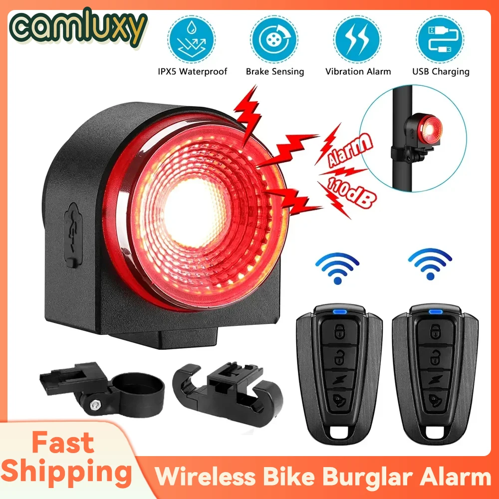 Bicycle Alarm Security Alarm Wireless Alarm Smart Siren Alarm Camluxy Waterproof Smart Auto Brake Sensing Light Wireless Bike Burglar Alarm USB Charge Remote Control Bicycle Anti Theft Lamp