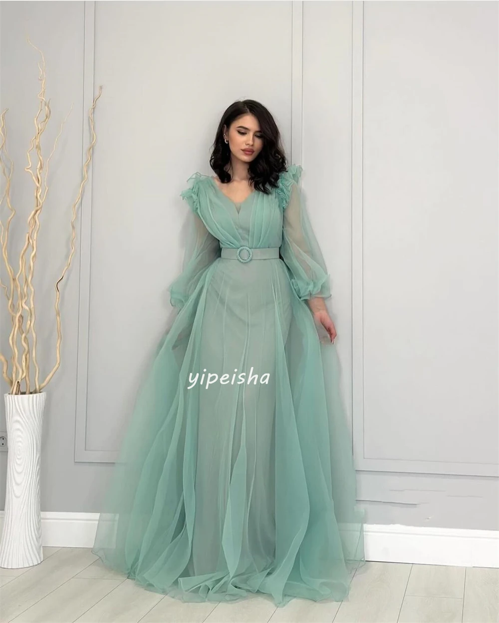 Customized Exquisite Net Sash Ruffle Pleat Ruched A-line V-neck Long  Dresses Sweep/Brush Prom Dresses Unisex Simple Fashion Eleg - AliExpress 320
