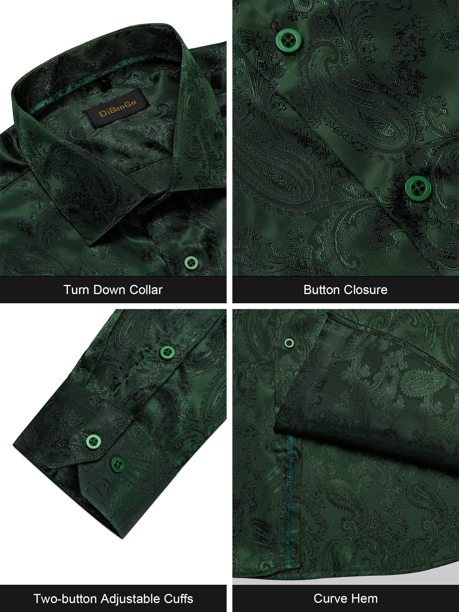 Green Party Shirts For Man Silk Wedding camisas de hombre Spring Autumn Paisley Solid Turn-down Collar Shirt Designer Men Cloth