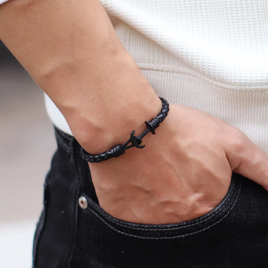 Men Leather Anchor Bracelet Black Punk Bangle