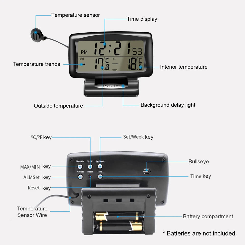 Car Clock Thermometer Car Clock Thermometer 2 in 1 Digital Clock & Temperature Meter with Backlit LCD Display 12H/24H Switching for Indoor & Outdoor