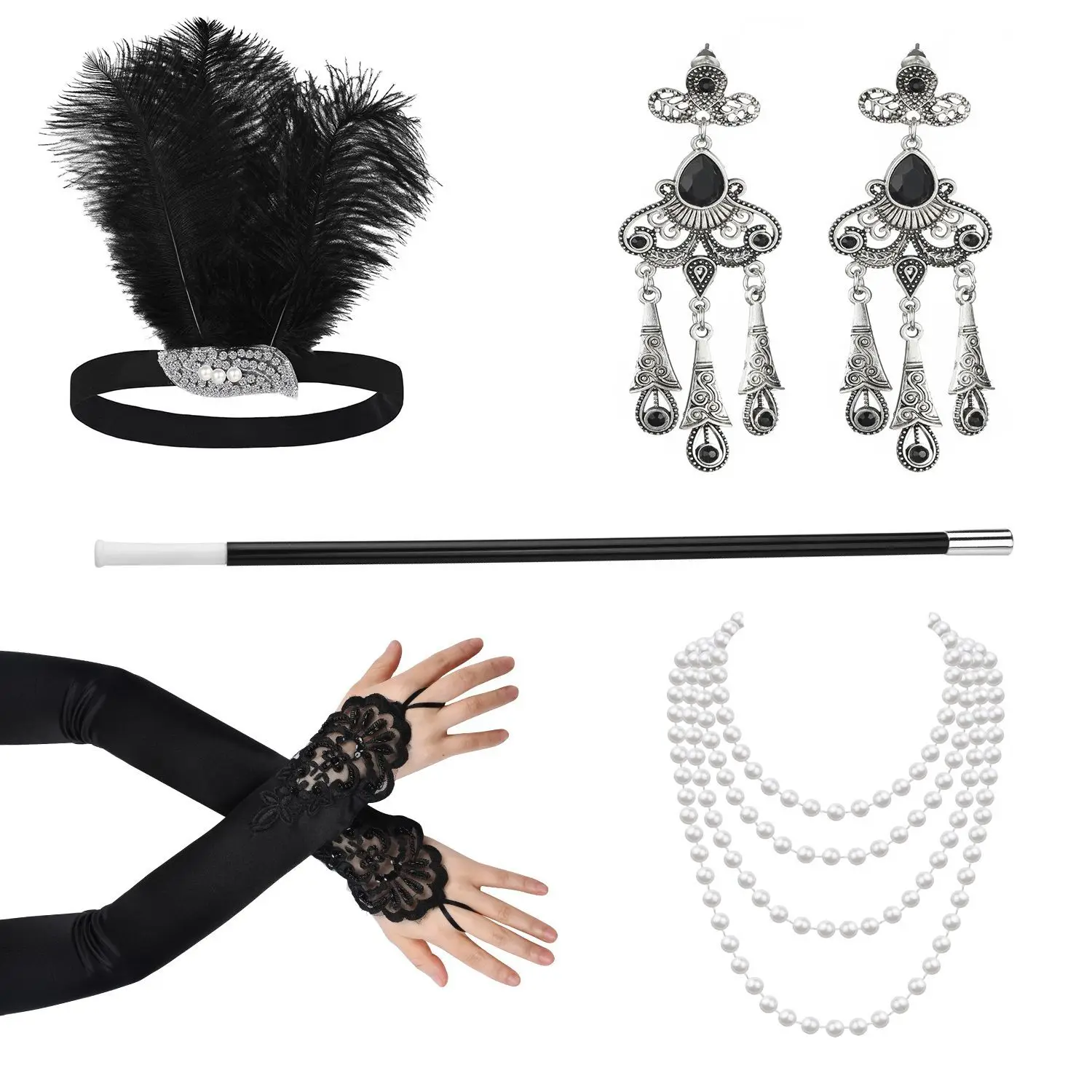 Fascia Anni '20 Con Piume E Perline + Collana Di Perle Finto – Accessorio Vintage Per Feste Gatsby, Halloween E Cosplay