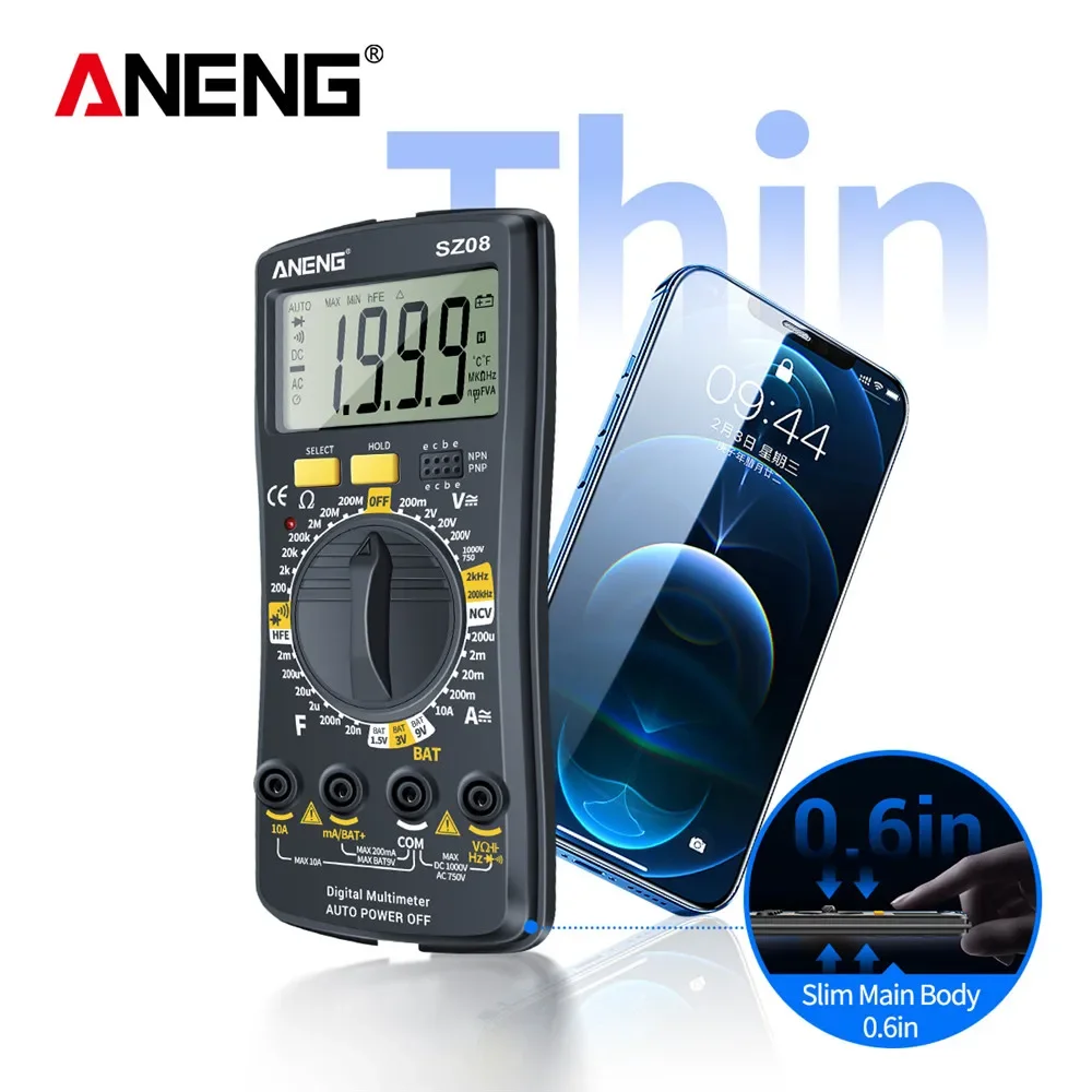 디지털 핸드헬드 멀티미터 ANENG SZ08 초박형 보관형 전문 멀티미터 AC DC 220V 저항 테스터 자동 전압계