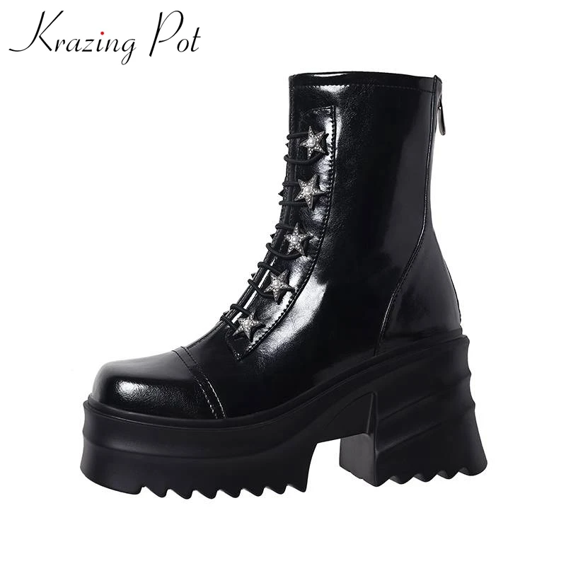 

Krazing Pot 2023 Cow Leather Round Toe Thick High Heels Metal Decorations Pearl Zipper Street Wear Fairy Fashion Ankle Boots