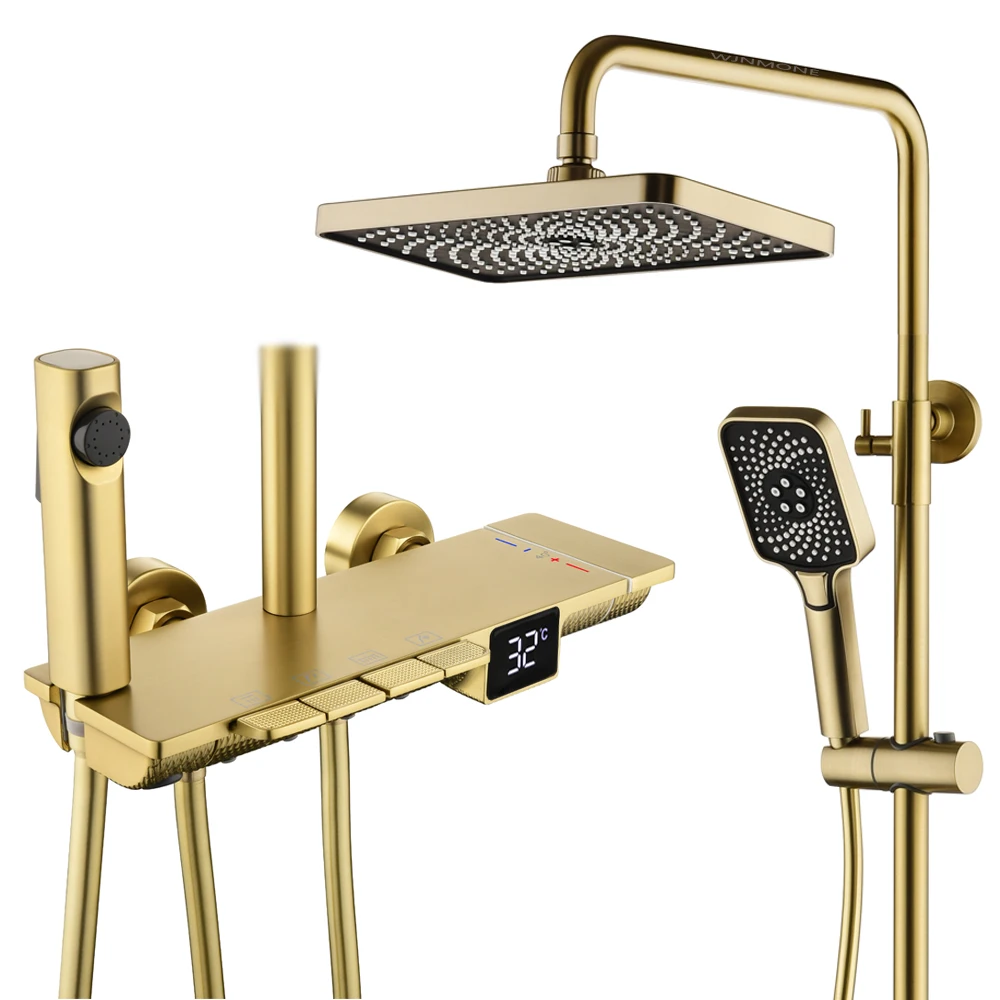 ก๊อกน้ำอัจฉริยะดิจิตอลระดับไฮเอนด์ วัสดุทองเหลือง แบบผสม 4 ทาง ระบบฝักบัวอาบน้ำแบบแรงดันสูง พร้อมระบบควบคุมอุณหภูมิแบบเทอร์โมสแตติก และฝักบัวแบบเรนชาวเวอร์ 1