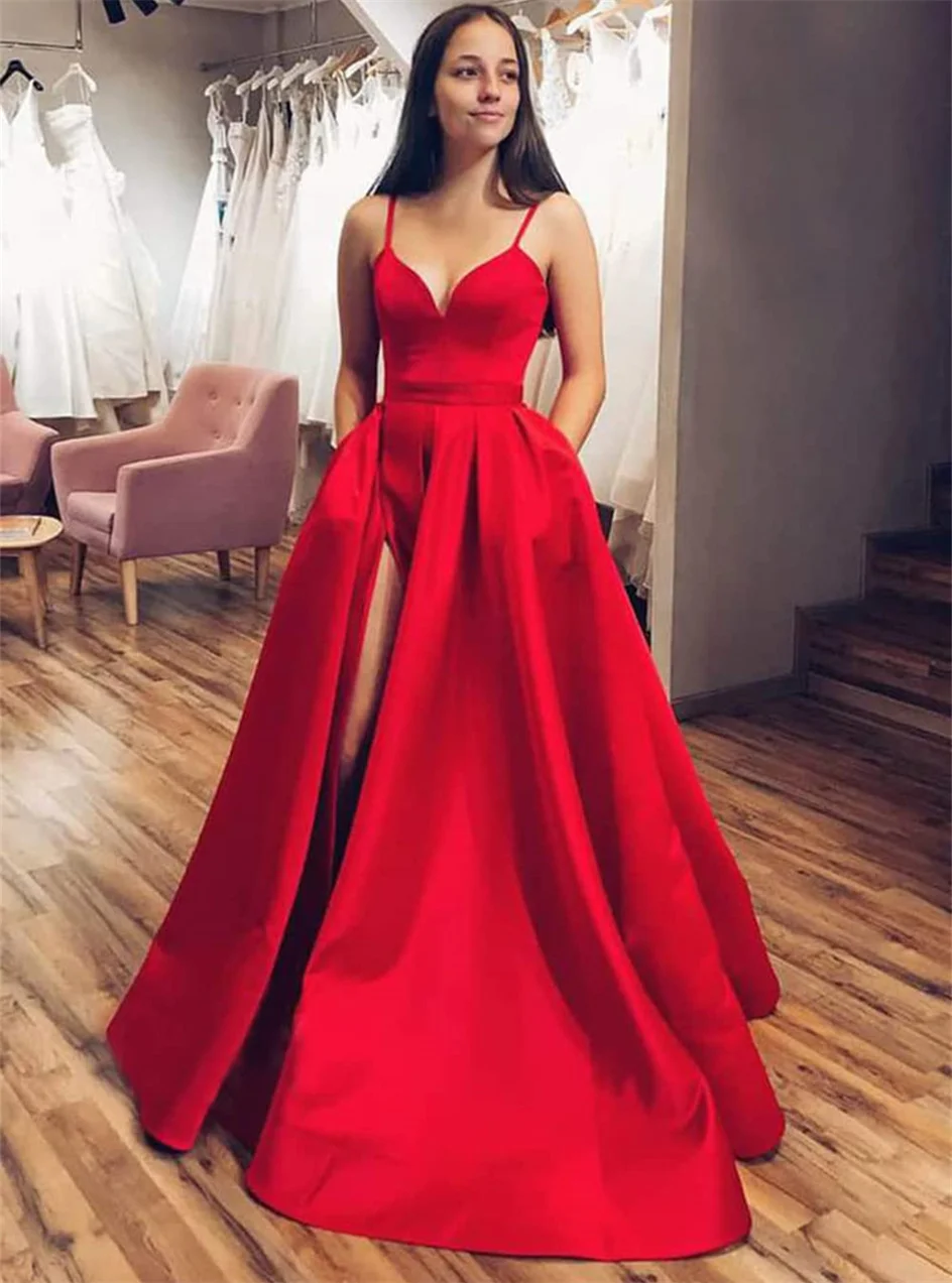 

V-neck Long Spaghetti Strap Satin Sleeveless Multiple Colors Lace Up Prom Elegant Slit Evening Party Ball Gowns For Woman