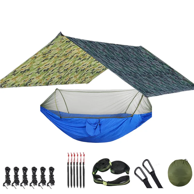 Portable Parachute Outdoor Camping Hammock with Mosquito Net and 118x118in Rain Fly Tarp,10-ring Tree Strap Hammocks Swing 