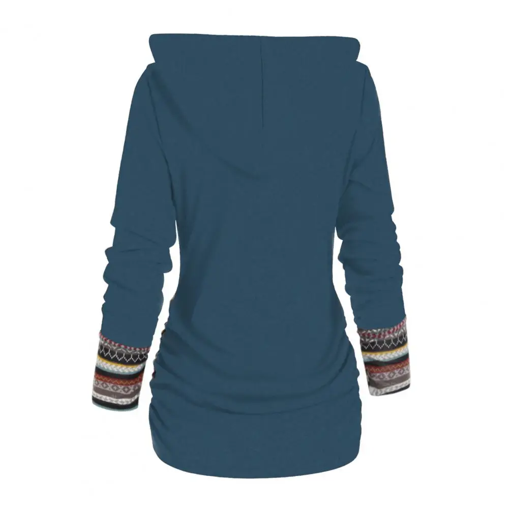 

Buttons Decor Hoodie Geometric Stripe Splicing Print Hoodie Ethnic Style Women's Mid-length Sweatshirt with for Autumn/winter