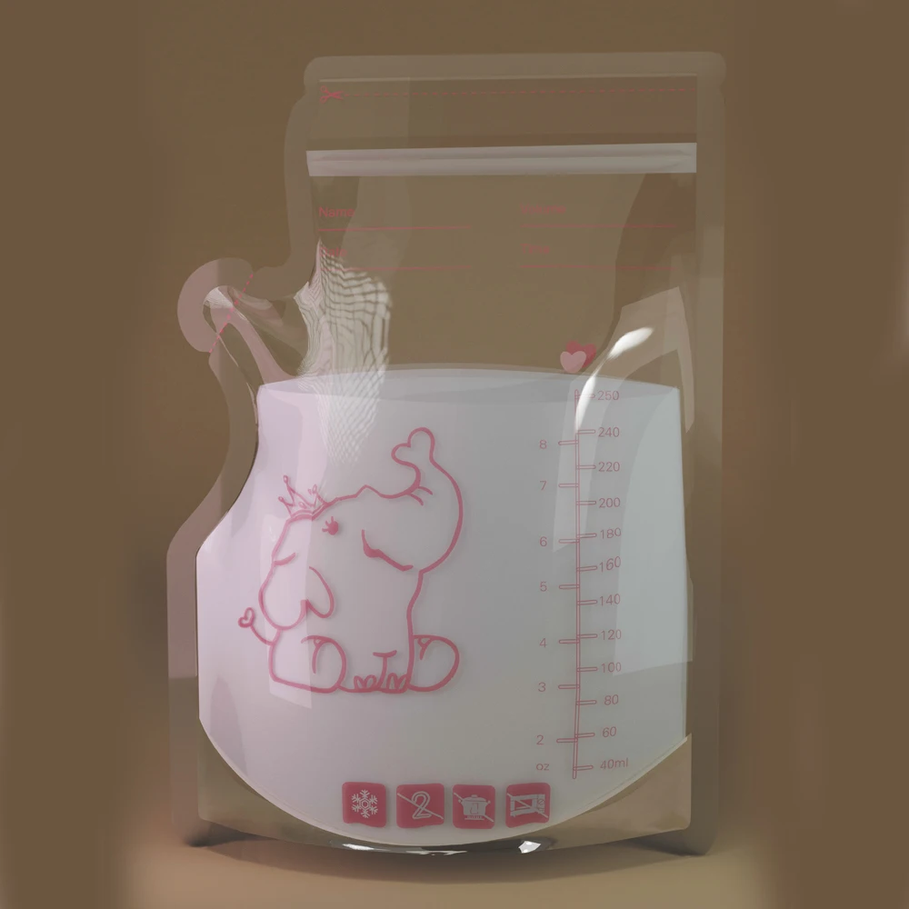 250ml 50pcs breastmilk storage bag elephant printing self standing no leak milk freezer bags BPA free