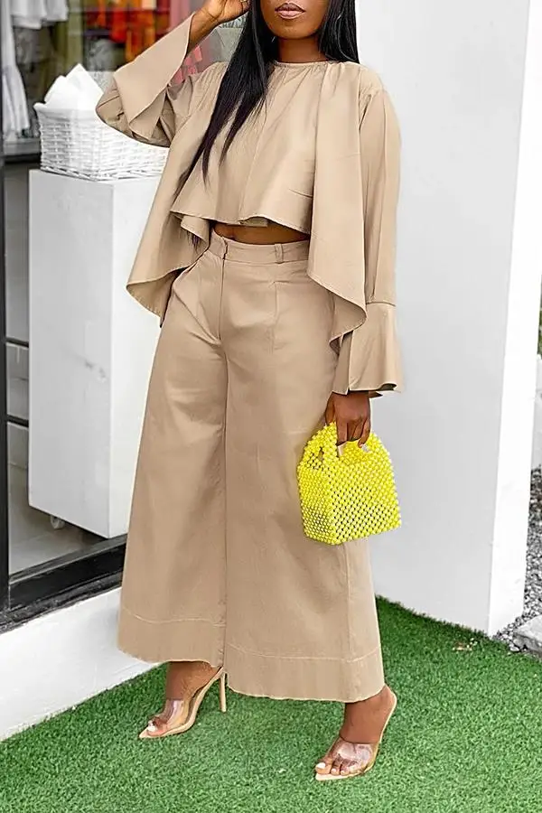 

High Low Top Loose Fit Pant Suit Women 2 Piece Outfit Tracksuit Causal Wide Leg Pant 2 Piece Set Women Solid O Neck Flare Sleeve