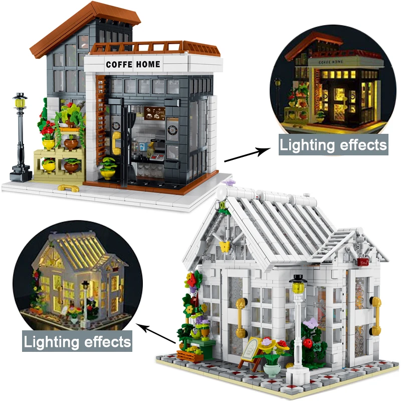 

1512PCS Coffee House Flower Shop Building Blocks City Street View With LED Light Decoration Bricks Model Bricks Toys Kids Gift