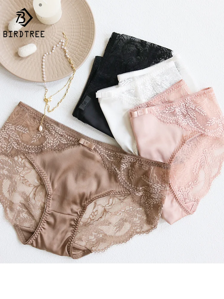 

Birdtree 2pcs/lot 100%Natural Silk Lining Women Panties Sexy Lace Briefs Health New Everyday Wear Intimates Pink White P36031QM