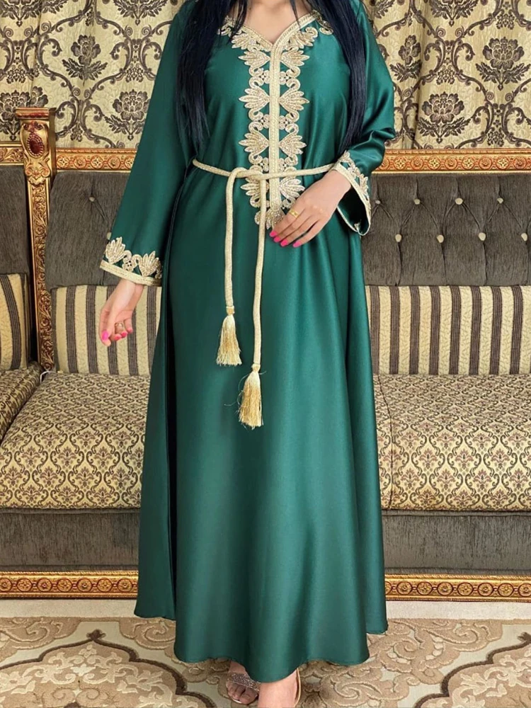 Kaftan Dress Moroccan Dubai Turkey Evening Party Jalabiya Muslim Belted Long Dress Arabic Caftan Ramadan Eid Abaya Women