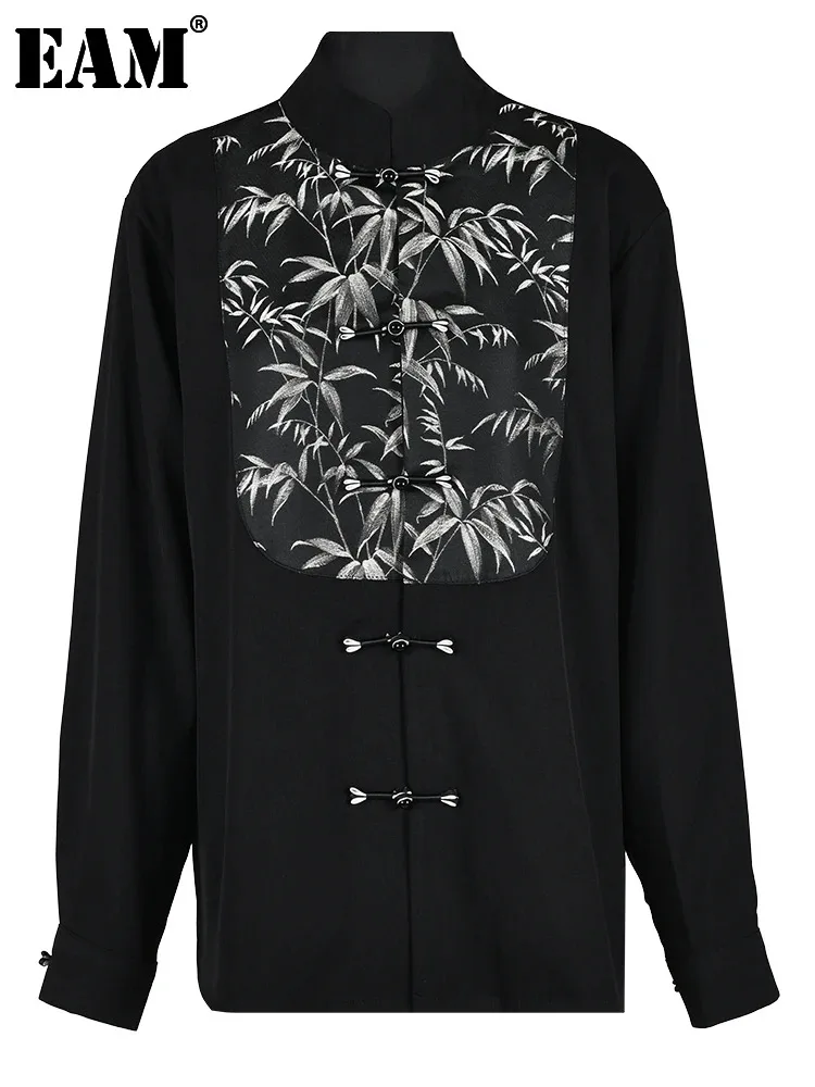 

Женская блузка с вышивкой [EAM], черная Свободная блузка большого размера с воротником-стойкой и длинным рукавом CPG0495, новинка сезона весна-осень 2024