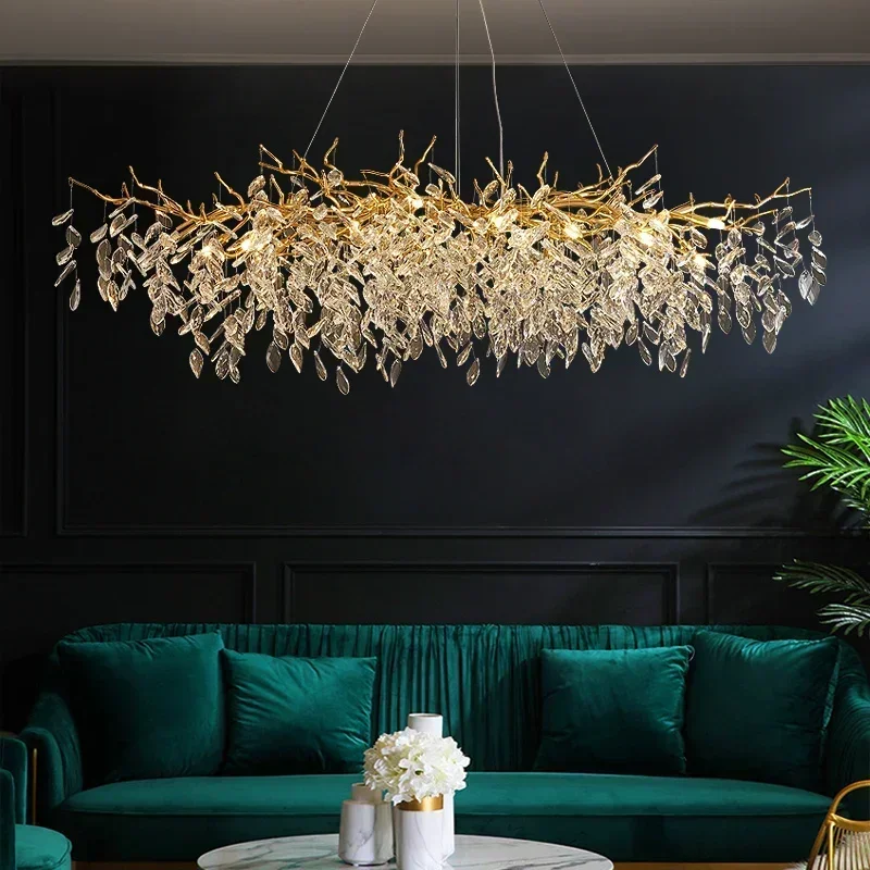 

Luxury Dining Room Branch Led Pendant Lights Lustre Crystal Art Hanging Lamp Post Modern Suspend Lamp Gold Chandelier Fixtures