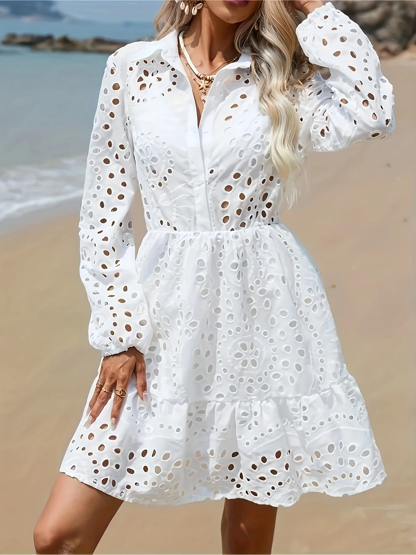 솔리드 아일렛 칼라 러플 밑단 원피스, 바캉스 긴팔 허리 원피스, 여성 의류 