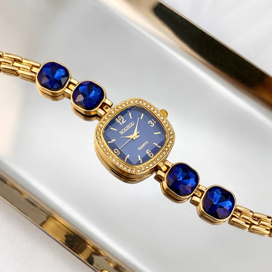 Vintage Elegance Women's Watch: Square Diamond-Set Face with Colorful Crystal Band