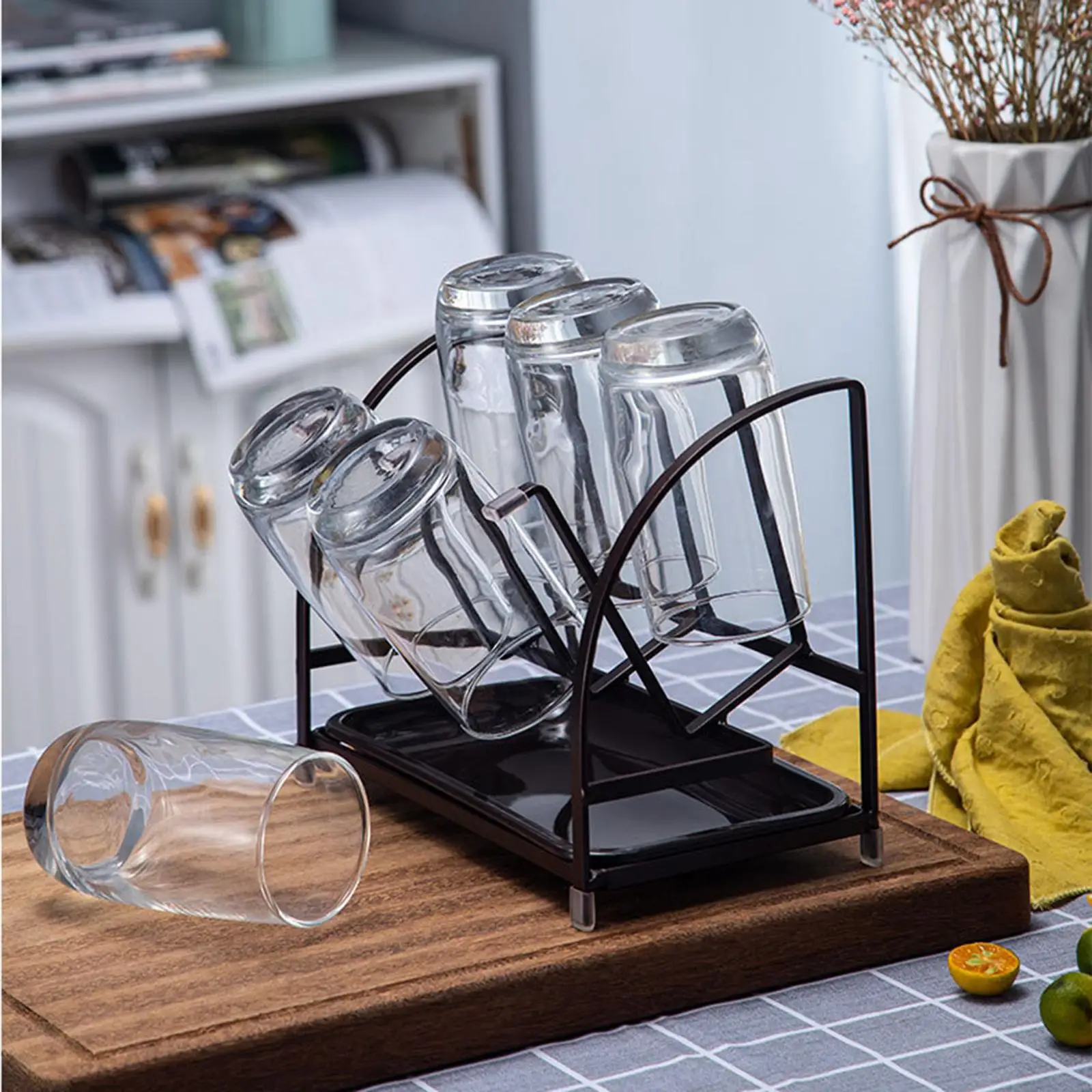 Stylish Non Slip Mugs Cups Organizer Drying Rack,Cup Drying Rack Drain Tray for