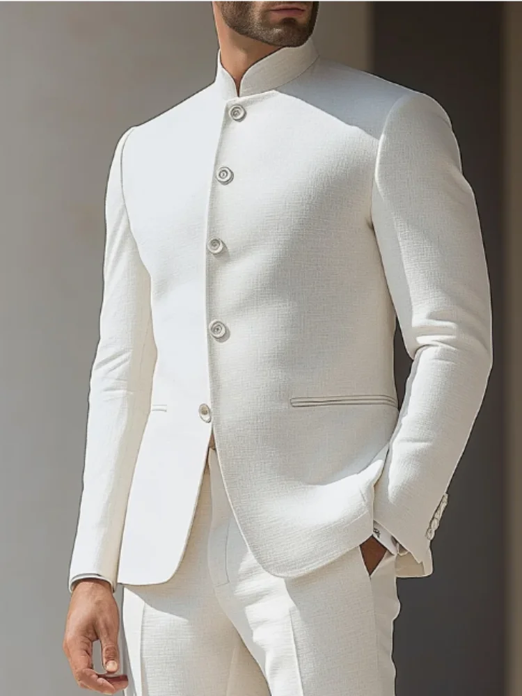 Men's Business Casual Suit Handsome Solid Color Wedding Match Blazer Fashion Chinese Stand Collar Slim Fit Dress Coat 1