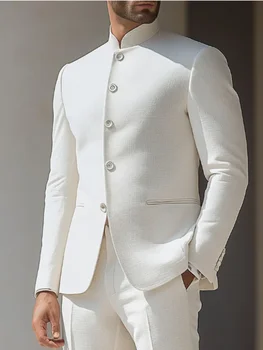 Men's Business Casual Suit Handsome Solid Color Wedding Match Blazer Fashion Chinese Stand Collar Slim Fit Dress Coat 1