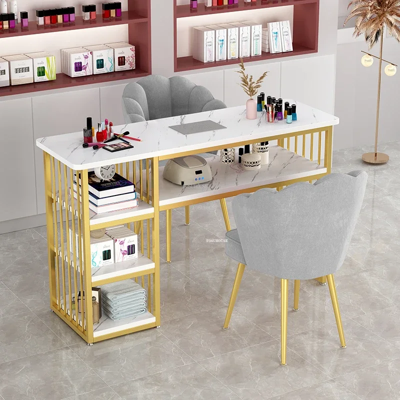 Nordic Light Luxury Golden Nail Tables Salon Furniture Modern Professional Manicure Table with Vacuum Cleaner Storage Nail Table