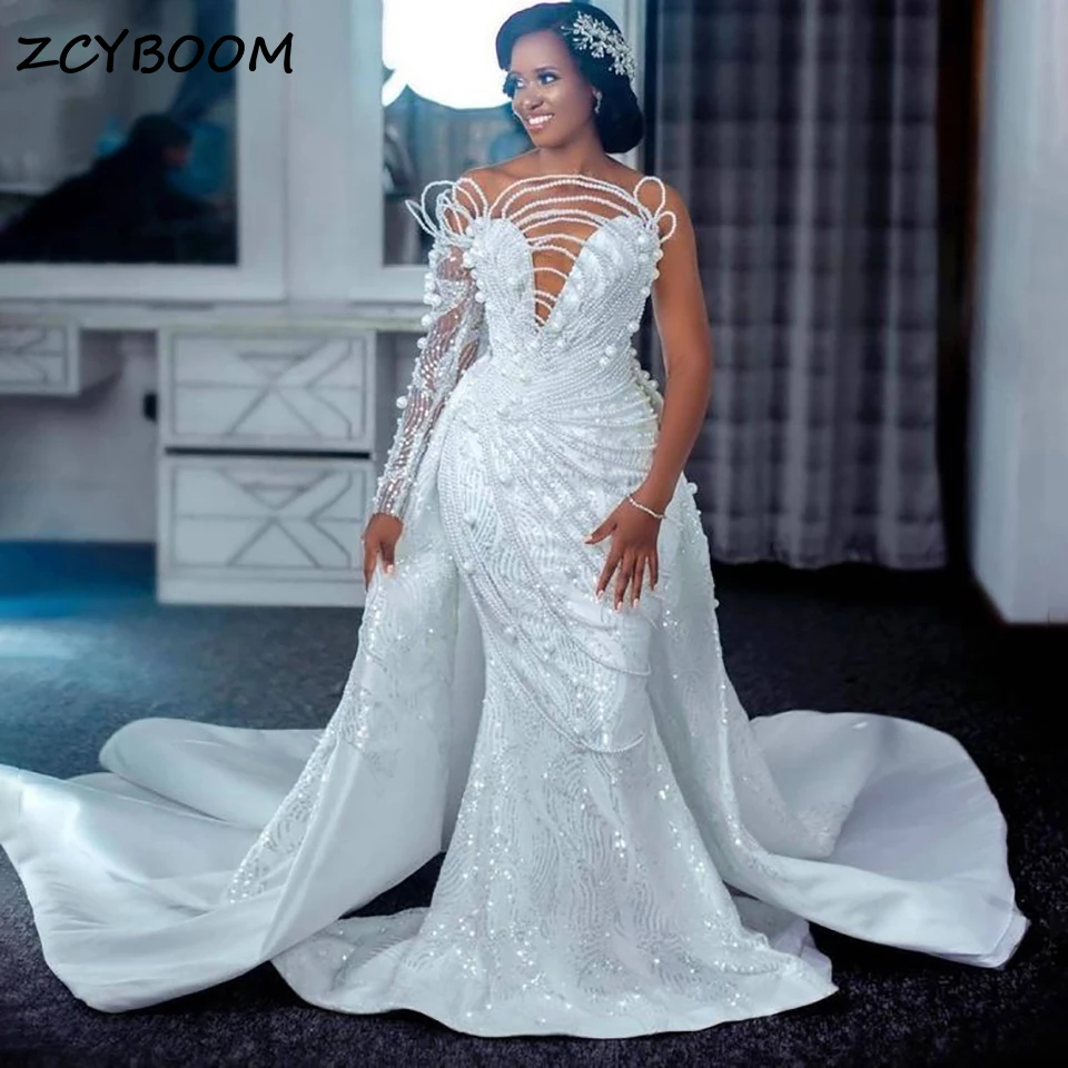 

Luxury White 2 In 1 Mermaid Wedding Dresses With Detachable Train 2024 Pearls Beading Satin Long Sleeves Bridal Gowns For Women