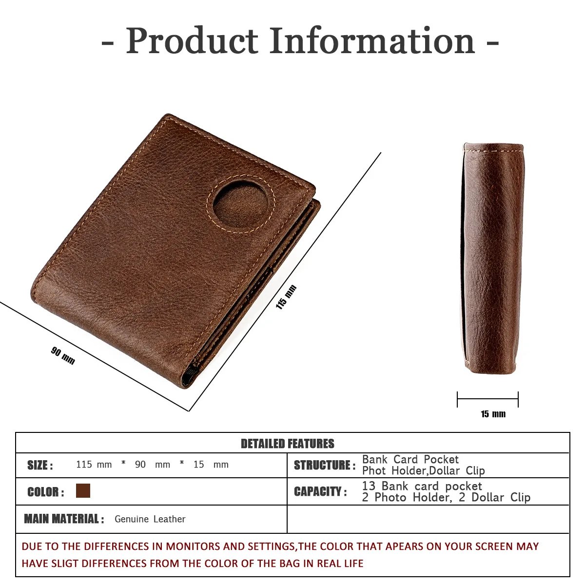 Vintage Airtag Men's Wallets RFID Genuine Leather Trifold Wallets for Men Short Purse with ID Window and Tracking Locator Pocket