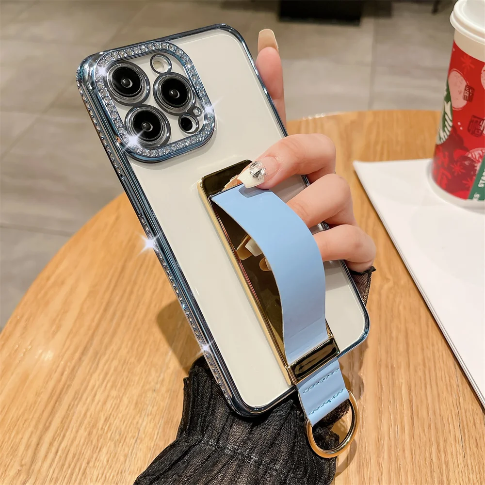 thumbnail image 1 of Wrist Strap Finger Ring Invisible Holder Phone Case for iPhone 14 15 ProMax 12 13 Pro Max 11 Plus Luxury Diamond Plating Cover, 1 of 5