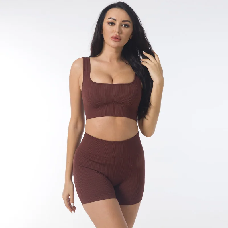 

Women's Fitness Wear Two-piece Shorts Sets Seamless Rib High-waist Women's Quick-drying Sports Bra Gym 2 Piece Sets Women Outfit