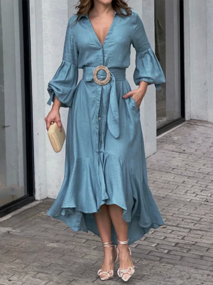 

Summer Dress Women 2023 Spring New In Vintage Lapel Lantern Sleeve Lace Up Belt Women Clothing Shirt Elegant Chic Long Dress