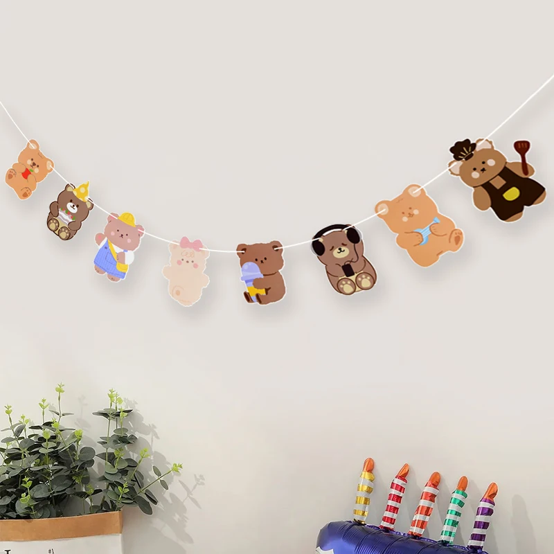 Brown Teddy Bear Happy Birthday Letter Banner Garland For Kids Boy Girl Birthday Party Decoration Supplies Hanging Flags