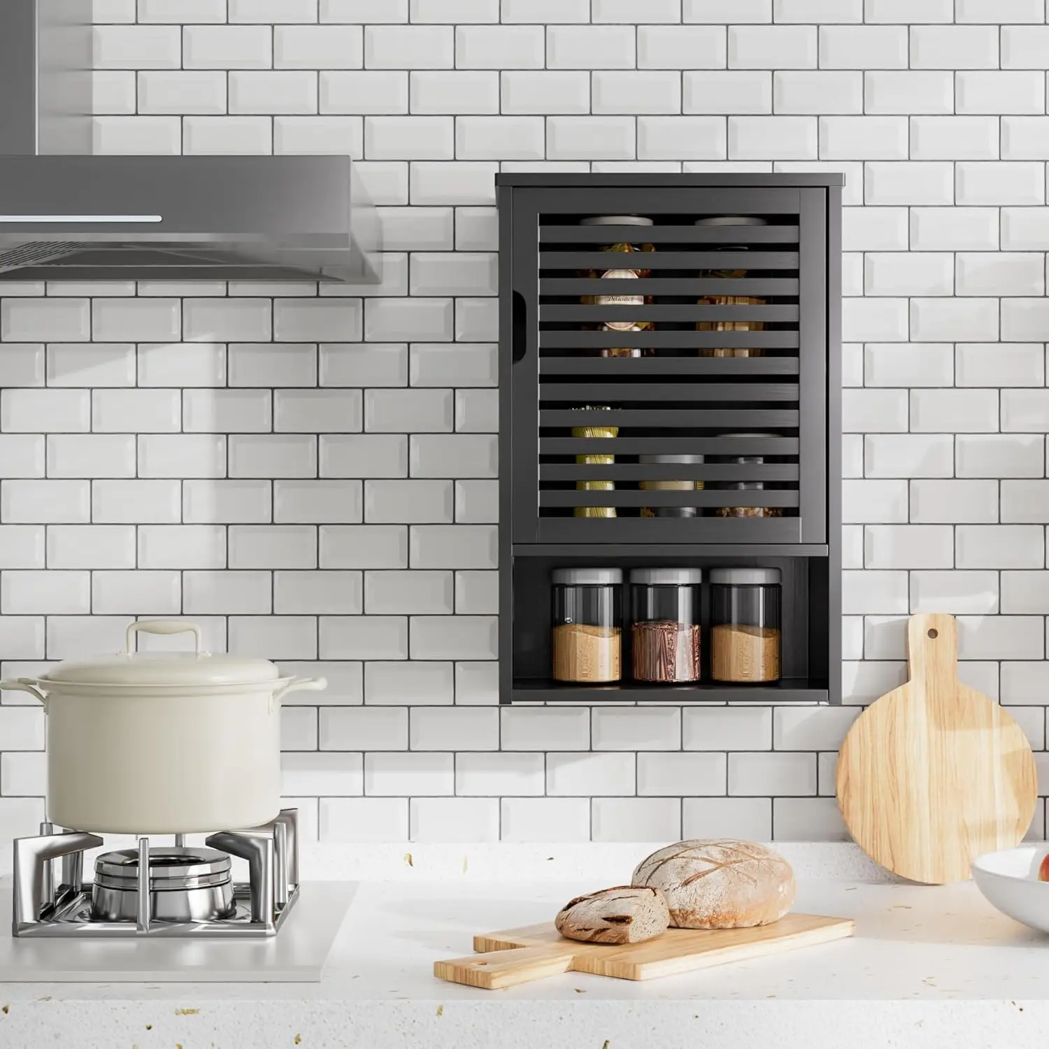 خزانة أدوية معلقة، خيزران أسود، رف قابل للتعديل