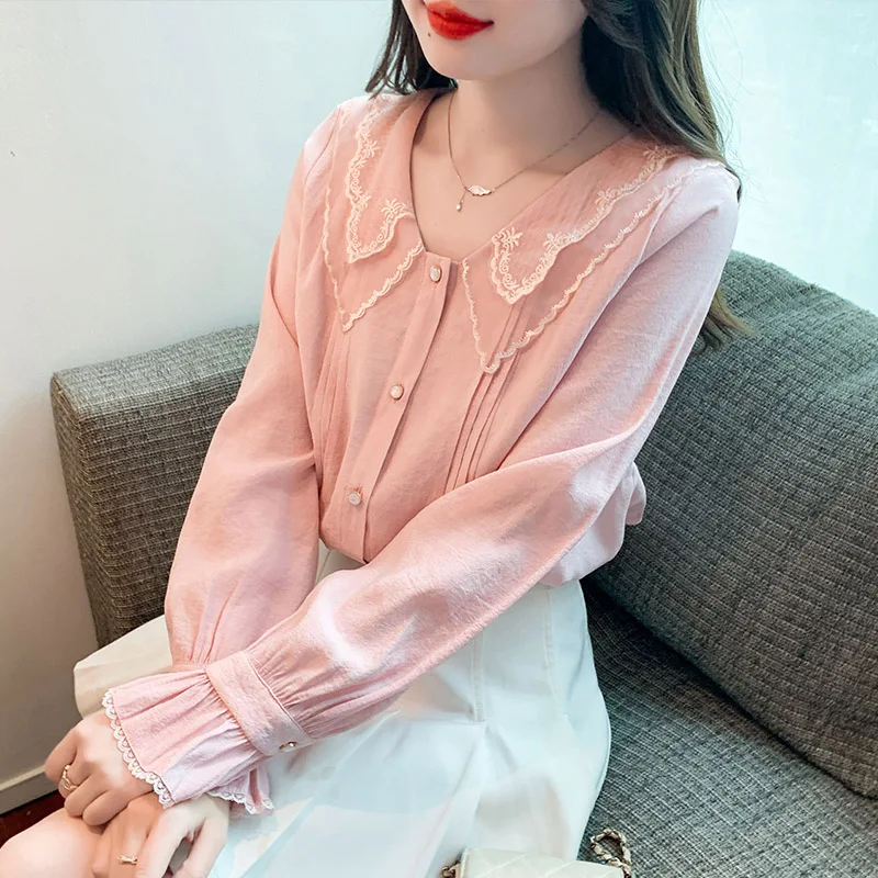 Women Embroidery Blouse Spring New Solid Fashion Simple Sweet Pink Loose Peter Pan Collar Shirts Female Petal Sleeve Tops Shirt