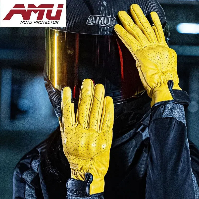 AMU Motorcycle Vintage Leather Men Women Protective Cycling Gloves Touchscreen Perforate Motorcross ATV Guantes Moto
