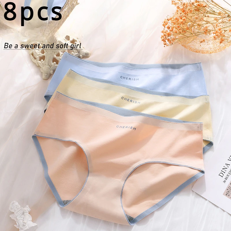 

8pcs Mid waist Solid seamless Sexy panties Cotton briefs women's Maiden underwear for set sensual lingerie woman Underpants
