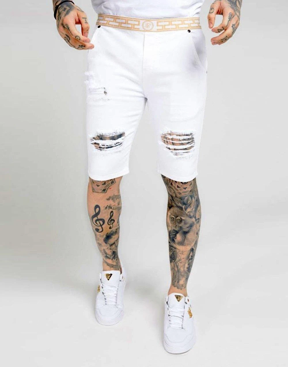 SikSilk cortos vaqueros desgastados elásticos blancos| Pantalones -