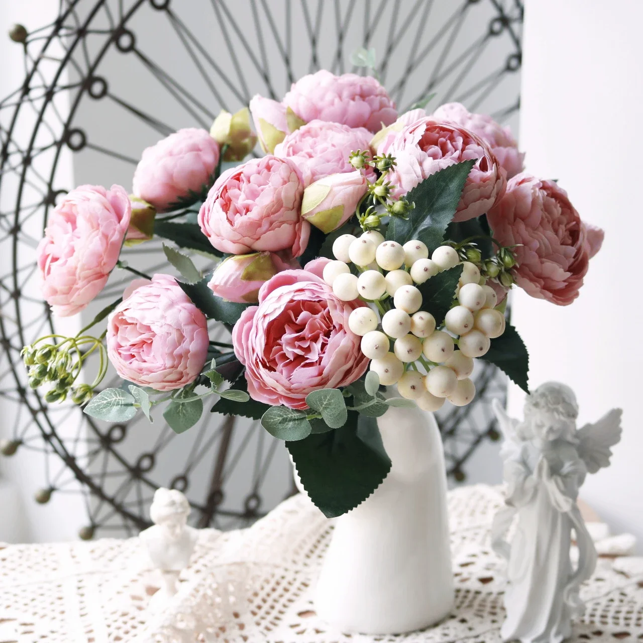 30cm Rose White Peony Artificial Flowers Bouquet 5 Big Head and 4 Bud for Home Wedding Decoration Indoor