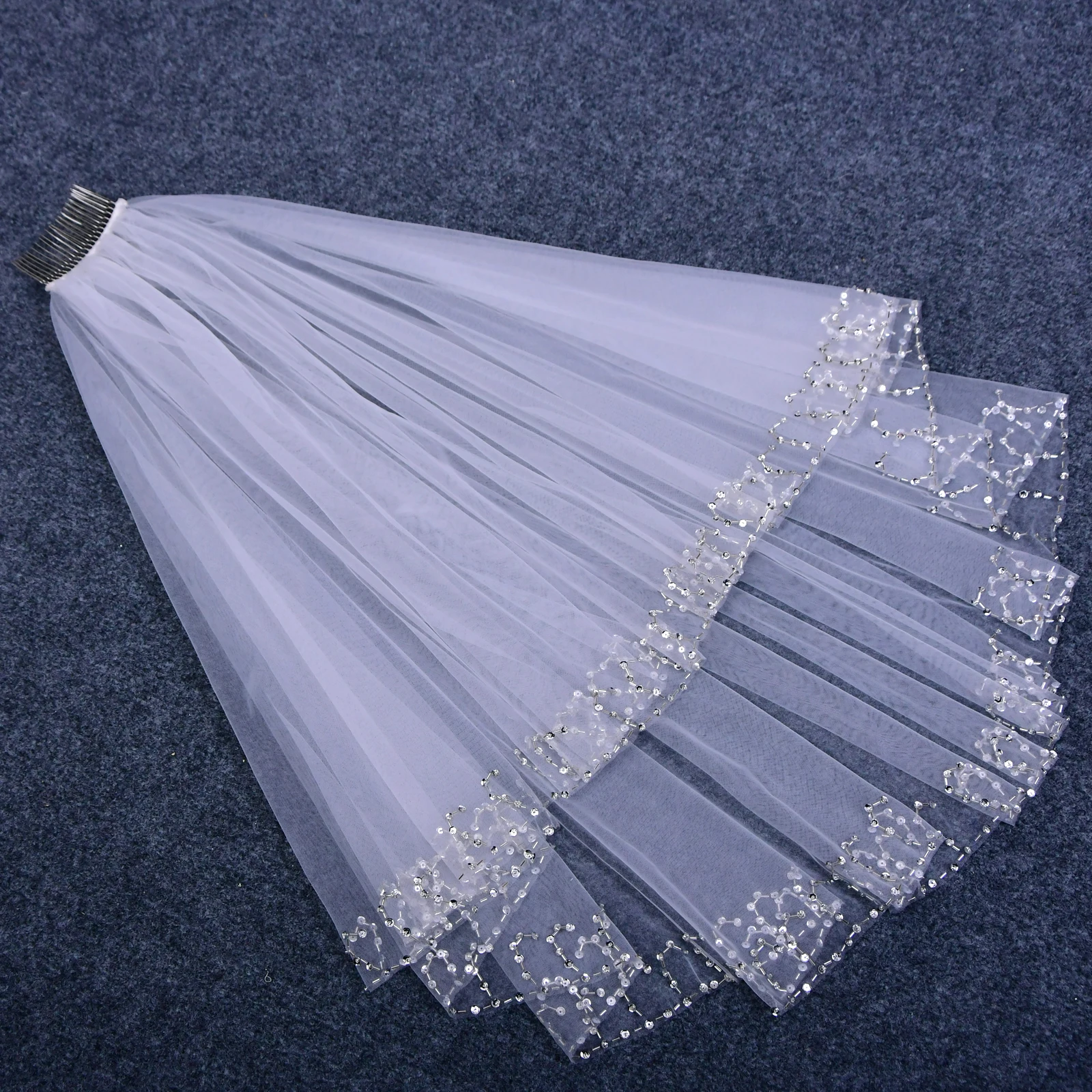 

v158 Two Tier Bridal Veil Crystal Edge Bride Wedding Veil Hip Length with Blusher Wedding Dresses Accessories Cover Face