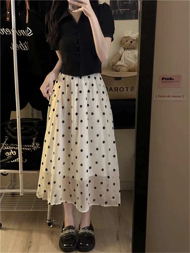 

2023 Spring Summer New Fashion Polka Dot Women Skirts Elegant High Waist Mesh Women Long Skirt