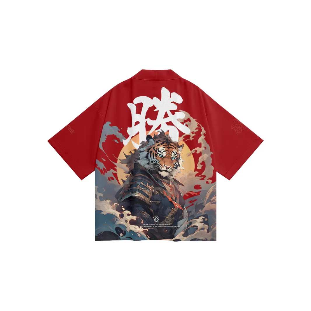 Japanese Tiger Samurai Print Black Red Kimono Cardigan Cosplay Shirt Blouse for Women Men Yukata Beach Haori Traditional Top