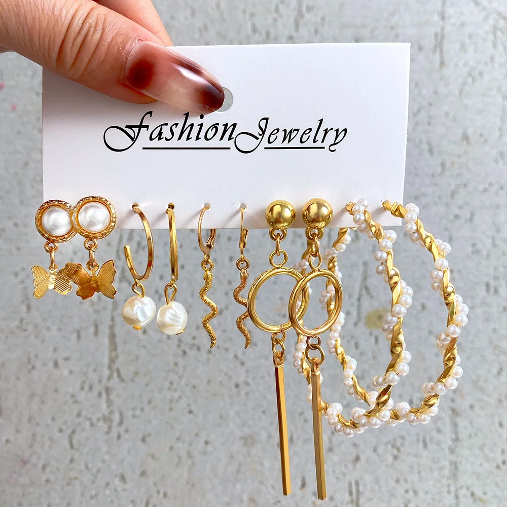 

European and American New Elegant Pearl Earrings Creative Retro Butterfly Pearl Snake Pendant and Earrings Set 5-Piece Set