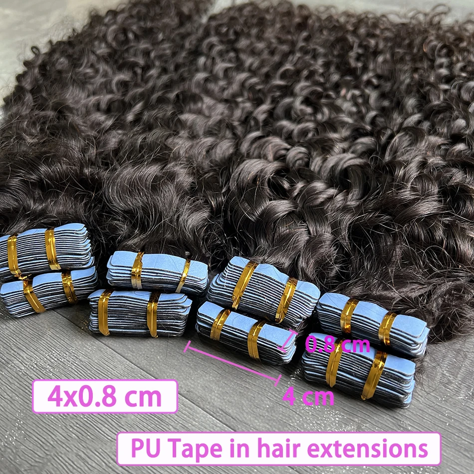 PU Tape In Hair Extensions Deep Curly Human Hair 4x0.8 cm Seamless Weft Hand Tied Adhesives Tape-Ins 100grams Wavy Virgin Hair 1