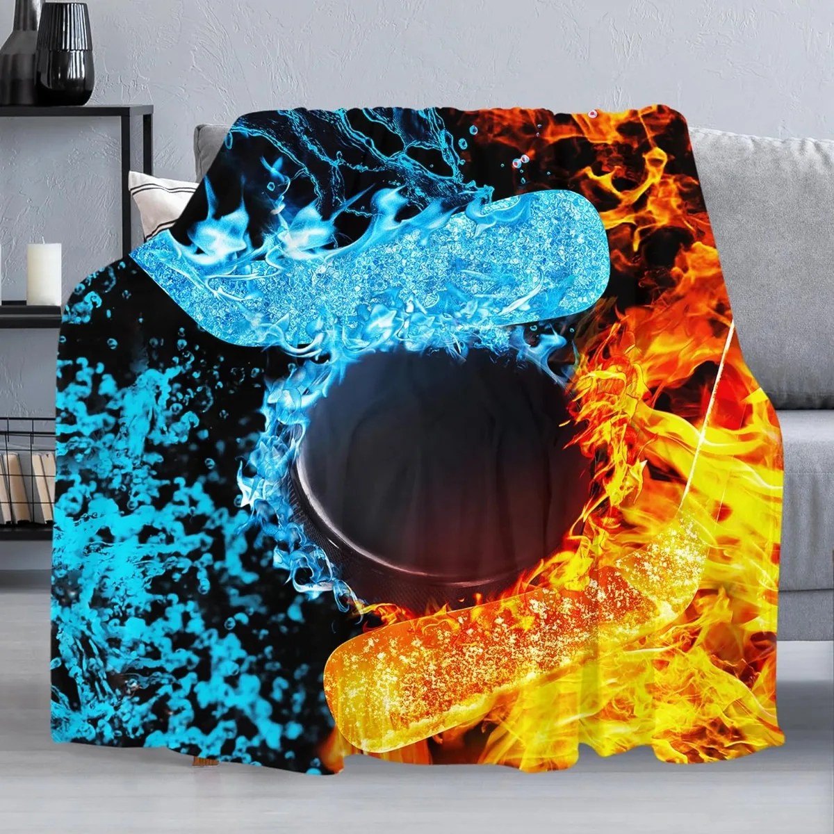 Fire & Ice Basketball Blanket for Couch, Lightweight Warm Blanket Cozy Soft Flannel Blanket, Decorative Fuzzy Throws for Sofa