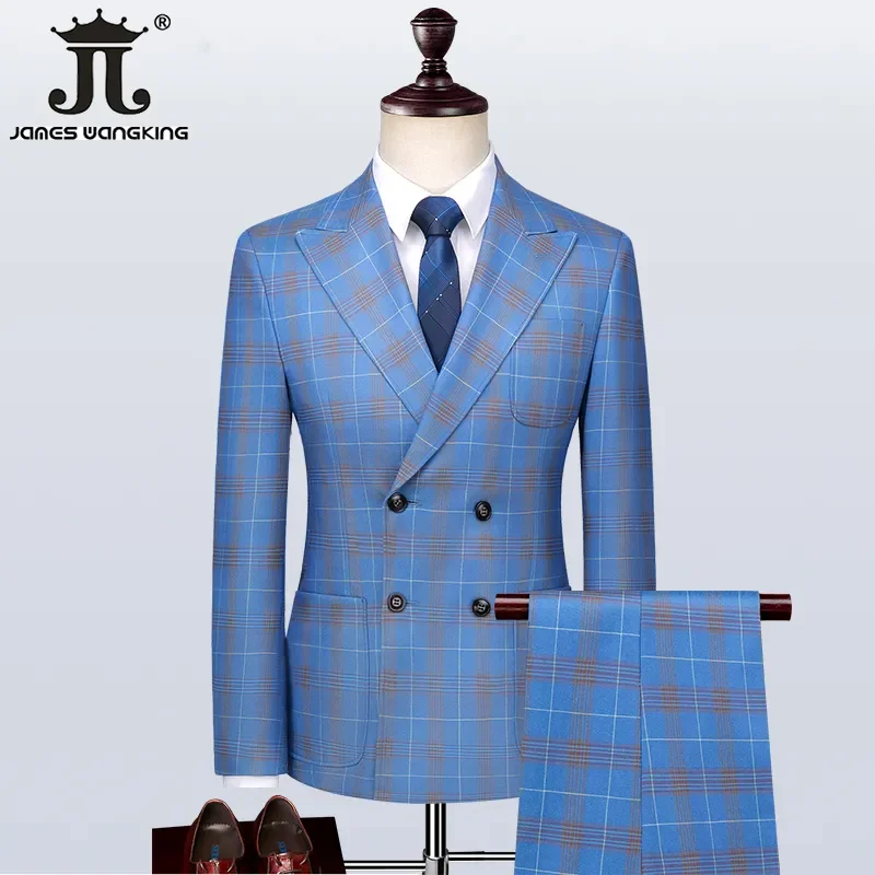 S-5XL Blazer Vest Pants Luxury High-end Brand Men's Slim Formal Business Blue Plaid Suit 3piece Groom Wedding Dress Party Tuxedo