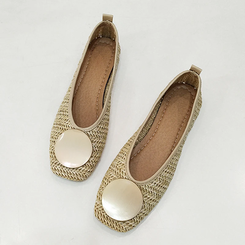 

2023 Summer Metal Decoration Shallow Loafers Women Weave Ballet Flats Casual Square Toe Boat Shoes Slip On Moccasin Walk Shoes