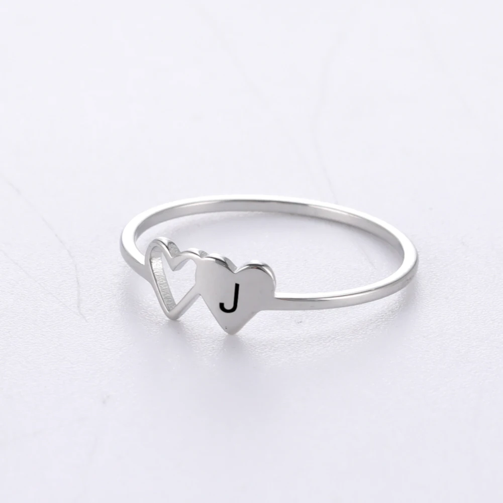 Kkjoy Simple Stainless Steel Double Hearts Initial Letter Rings For Women A-Z Alphabet Lover Ring Valentine's Day jewelry Gift 5