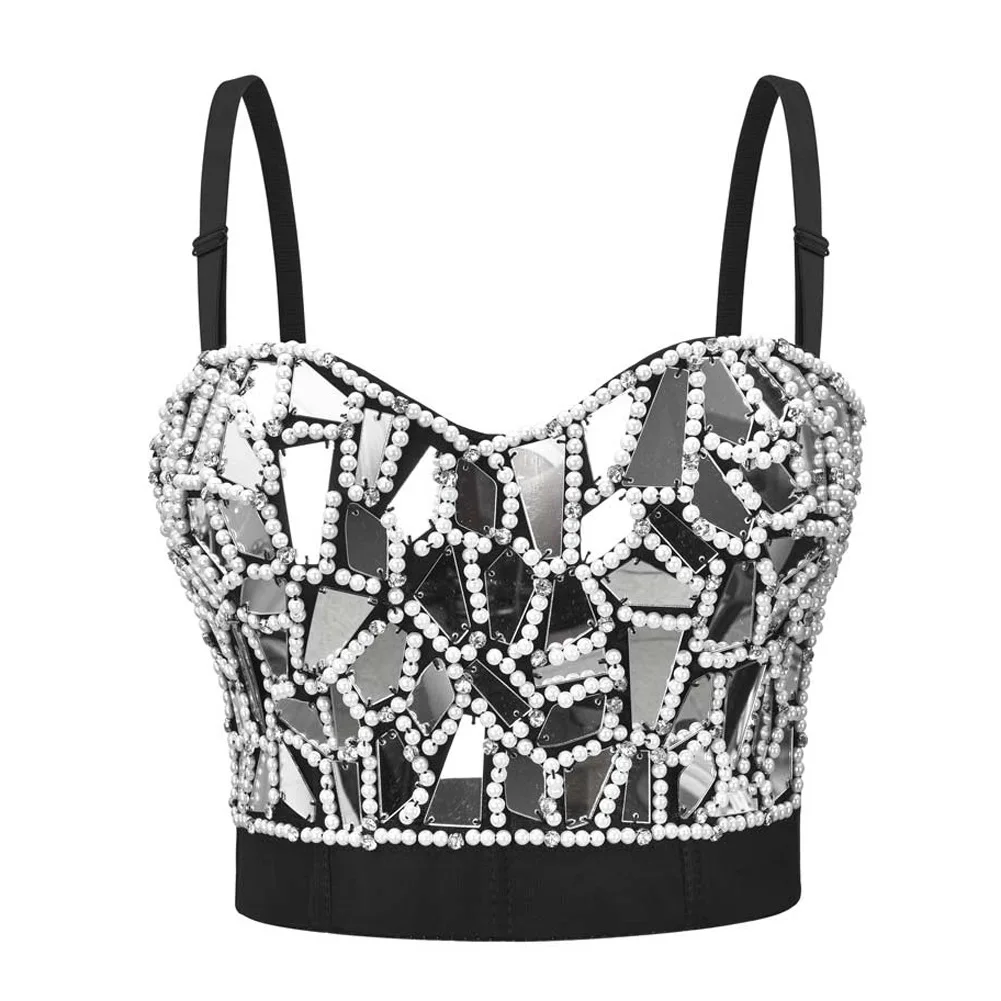 Grey Diamonds And Beaded Punk Rave Brassiere For Women Sexy Bralette Push Up Bra Top y2k Goth Brasieres Mujeres Party Club Wear