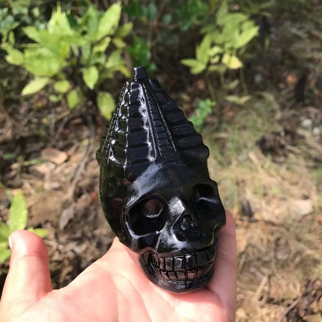 

10cm Natural Black Obsidian pyramid Skull Statue Stone Carved Decoration Healing Crystal Reiki Figurine Spiritual Wicca Gift