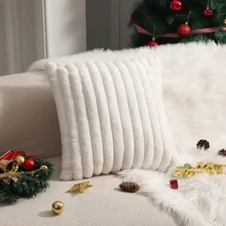 Luxurious Faux Rabbit Fur Plush Cushion Cover - Soft and Fluffy Striped Decorative Pillow - 40x40cm (White)